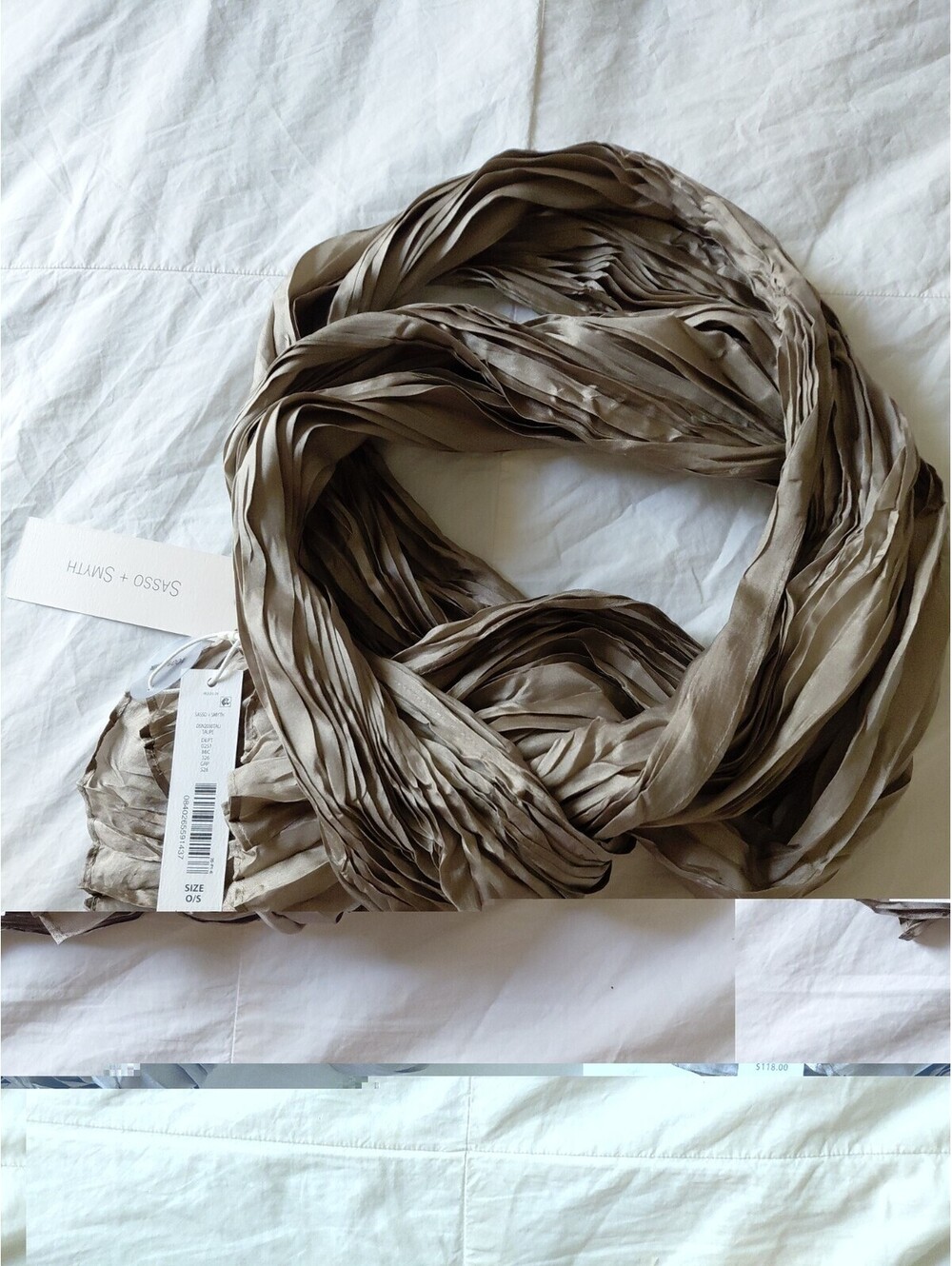 NWT Sasso + Smyth Scarf Taupe 100% Silk Scrunch #758 $118